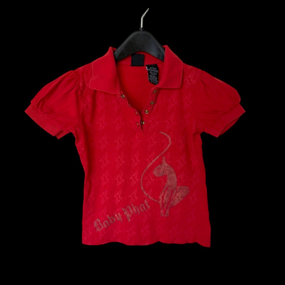 Baby Phat Girls Red Puff Sleeve Polo Shirt Cat Logo‎ Y2K Size Medium